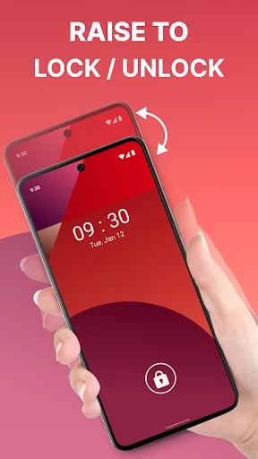 Raise to lock/unlock device motion feature with hand holding tilted smartphone on red gradient background