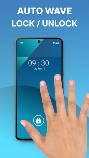 Auto wave hand detection lock/unlock feature with hand hovering near phone display in blue gradient