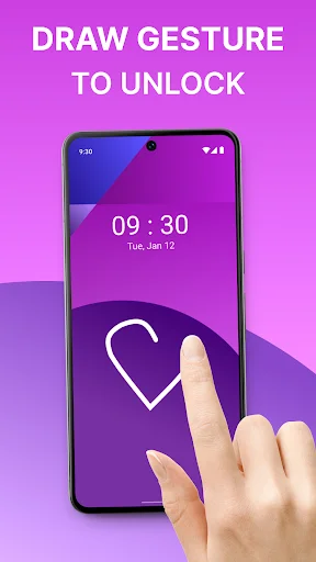 Draw gesture pattern unlock feature with finger drawing on purple gradient phone display