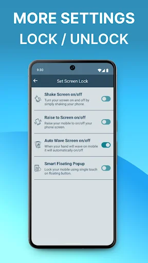 Screen lock settings menu showing multiple control options: shake, raise, auto wave, and floating popup