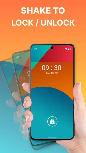 Shake to lock/unlock screen feature with hand holding device on orange gradient background