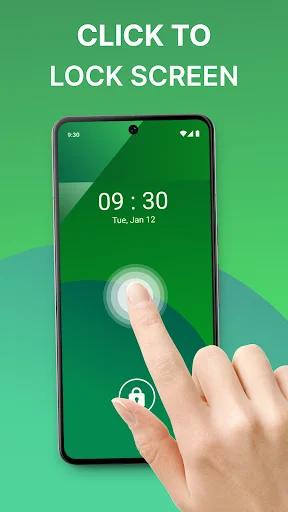 Single tap click to lock screen functionality with finger touching phone on green gradient background