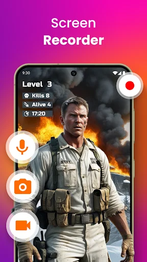 Screen Recorder app interface showing game recording with floating control buttons: red record button, microphone, and camera facecam icon on right side