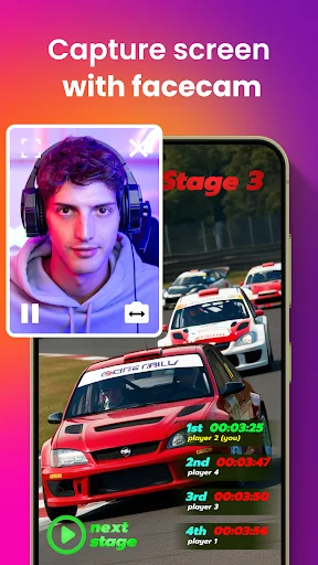Facecam capture preview showing user's face in corner overlay while recording racing game with stage level and leaderboard details