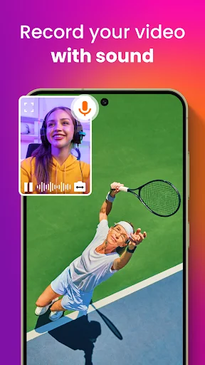 Screen recording with sound featuring user facecam in corner with microphone icon and audio waveform visualization during video recording