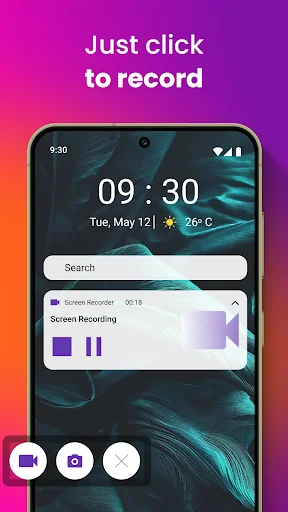 Quick recording interface on lock screen with floating video and camera control buttons for instant screen recording access and capture