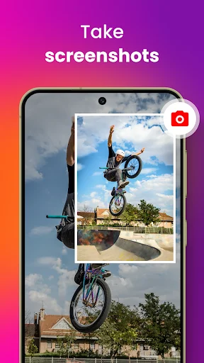 Screenshot capture feature showing smartphone display with bike stunt photos and camera button icon for taking screenshots