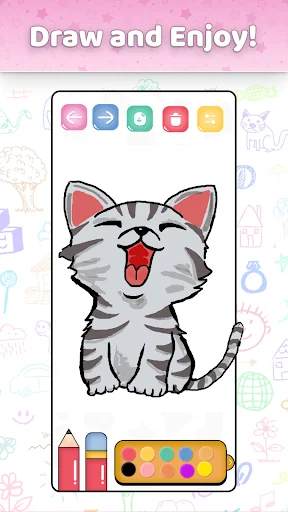 Simple Draw app welcome screen with cartoon cat drawing, tool icons, pencil, brush, and colorful palette for sketching