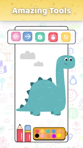 Amazing Tools screen in Simple Draw sketch app with dinosaur drawing, tool icons, and palette for creative art