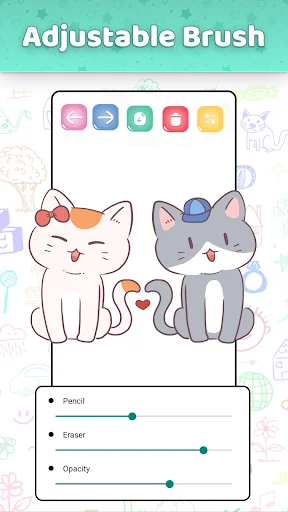 Adjustable Brush settings in Simple Draw showing pencil, eraser, and opacity sliders with cartoon cat illustrations