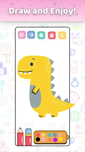 Simple Draw sketching app with yellow dinosaur illustration, drawing tools, and palette for creative artwork