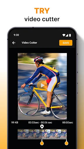 Video cutter tool with cyclist video, displaying duration, file size, and timeline handles for trimming and cutting video clips