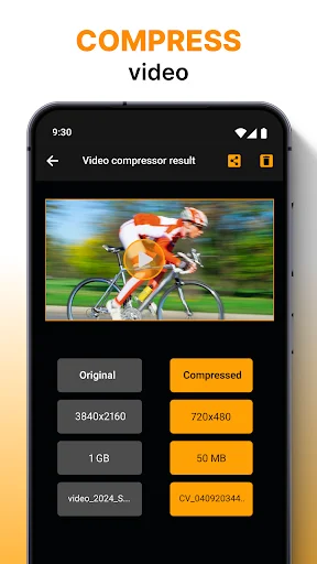 Video compressor showing original video (3840x2160, 1GB) vs compressed (720x480, 50MB) file size comparison for optimization