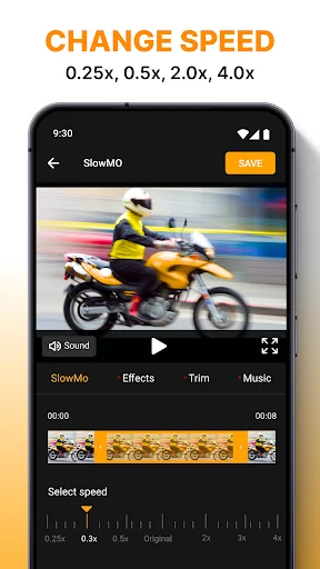 Slow motion editor showing motorcyclist video with adjustable speed (0.25x-4.0x), timeline, and Effects, Trim, Music editing tabs