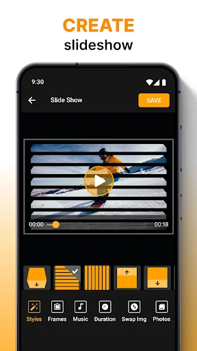Slideshow creator with jet ski video and editing tools: Styles, Frames, Music, Duration, Sweep Image, and Photos options
