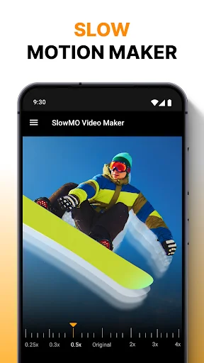 Slow motion video maker showing snowboarder with speed options 0.25x, 0.5x, Original, 2x, 3x, 4x for creating slowmo video effects