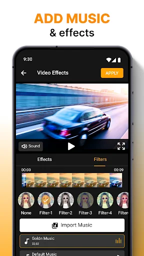 Video effects editor with car video preview, filter presets, visual effects options, and Import Music button for soundtrack editing