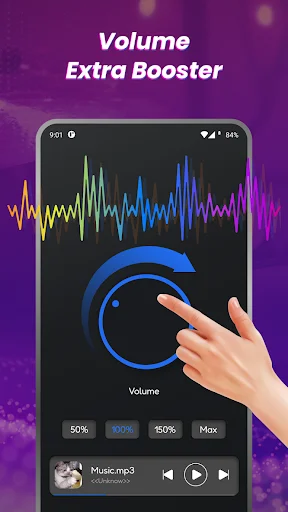 Volume booster with interactive waveform display and dial control for sound enhancement adjustment
