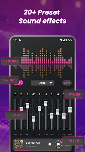 Equalizer with 20+ preset sound effects, jazz genre selected, and multiple frequency adjustment sliders