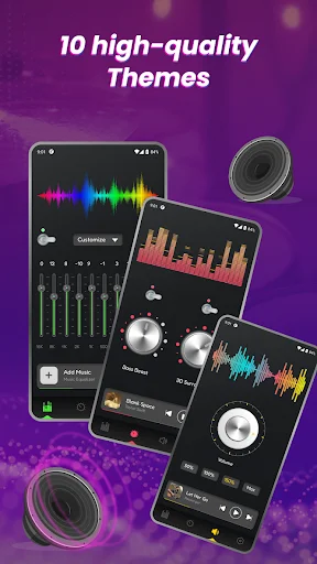 Volume booster app themes displaying equalizer, waveform, and dial interfaces for audio customization