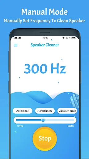 Manual mode showing 300 Hz frequency display with adjustable slider and stop button