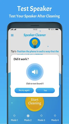 Test speaker completion dialog with sound test button and yes/retry response options for confirmation