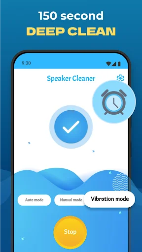 Deep clean mode showing completion checkmark, 150 second timer, vibration mode, and stop button