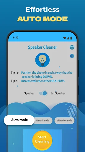 Auto mode interface with phone positioning tips, speaker selection toggle, and start cleaning button