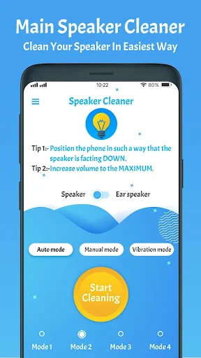 Speaker Cleaner main screen with cleaning tips, speaker type toggle, three mode options, and start button