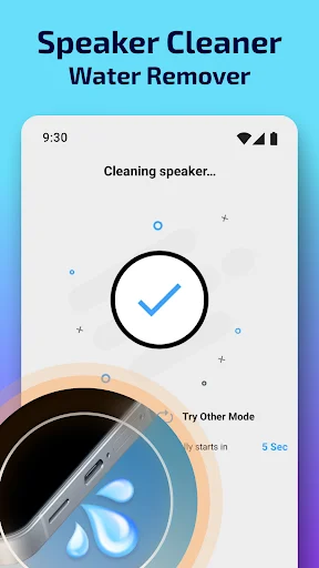 Speaker Cleaner Water Remover app showing active cleaning process with checkmark indicator and 5-second countdown timer