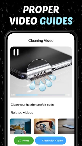 Video guide interface showing speaker cleaning demonstration with water droplets and related video tutorials