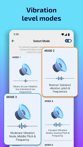 Speaker Cleaner vibration level modes selection screen displaying 6 different vibration intensities and frequencies for speakers