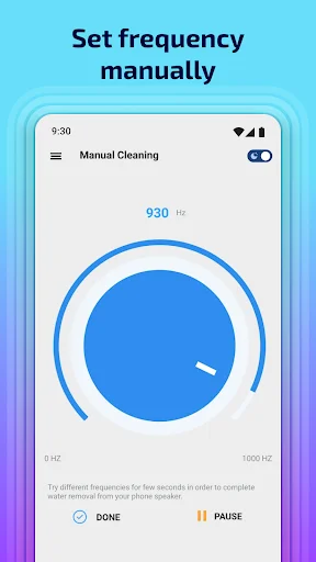 Manual cleaning frequency control interface showing 930 Hz frequency dial with range from 0 Hz to 1000 Hz adjustment