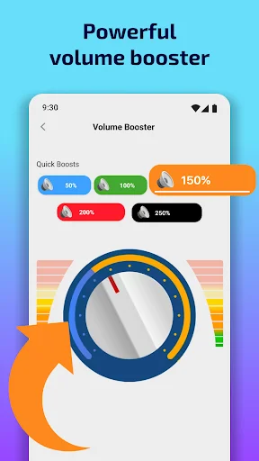 Volume booster feature with quick boost presets at 50%, 100%, 150%, 200%, and 300% intensity levels and circular volume dial