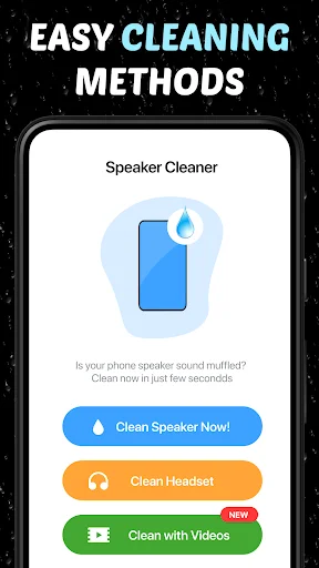 Speaker Cleaner main menu offering three cleaning options: Clean Speaker Now, Clean Headset, and Clean with Videos
