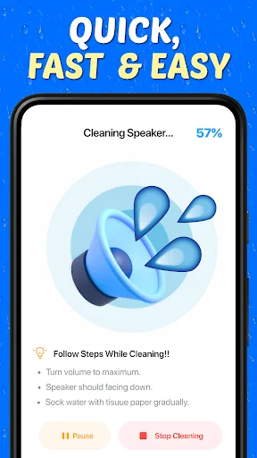 Active speaker cleaning process at 57% completion with step-by-step instructions and water removal visualization