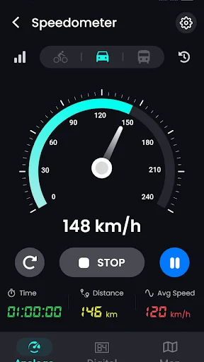 Analog speedometer gauge showing real-time speed of 148 km/h with distance tracking, time elapsed, and average speed statistics