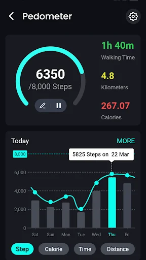 Pedometer activity tracker showing 6,350 steps completed toward 8,000 daily goal, 1h 40m walking time, 4.8 km distance, and 267 calories burned