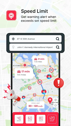 Speed limit warning interface with destination search, radar detection markers, speed zones (80-120 km/h), and quick-access speed buttons