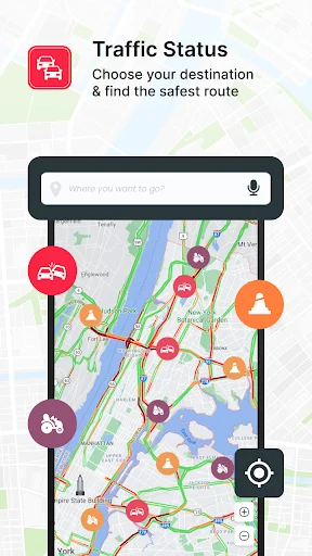 Traffic status map with search destination bar, colored markers showing traffic conditions, and route information for safer navigation