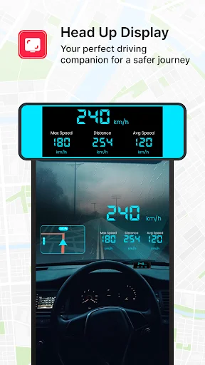 Head-up display with real-time driving metrics: current speed 240 km/h, distance, average speed, displayed in cyan digital format