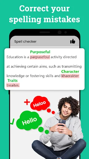 Spell checker interface showing grammar error correction with highlighted misspelled word and green-highlighted correct version of text