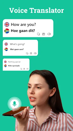 Voice translator app interface displaying English phrases translated to other languages with voice input microphone icon