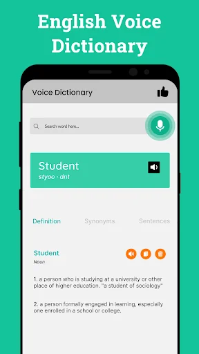 English voice dictionary showing word 'Student' with phonetic spelling, definition text, and tabs for synonyms and example sentences