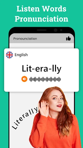 Pronunciation feature displaying word 'Lit-era-lly' with audio waveform and play button to listen to English word pronunciation