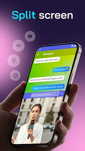 Split Screen app interface showing dual-window view with messaging app on top and video content below on smartphone