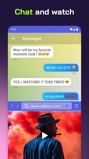 Chat and watch feature with messaging conversation displayed above and video streaming player below in split-screen mode
