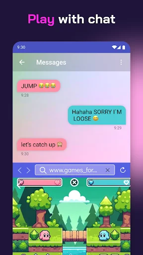 Play with chat functionality showing text messaging interface on upper half and mobile game graphics on lower split-screen