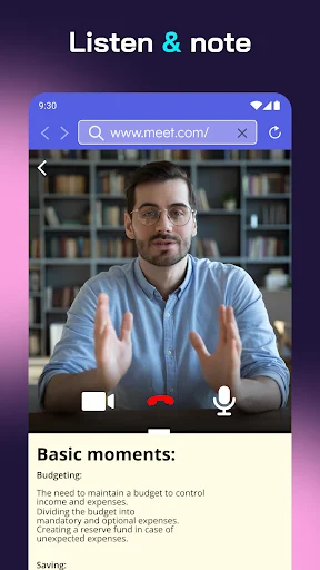 Listen and note dual-window setup featuring video call on top and note-taking application below for multitasking