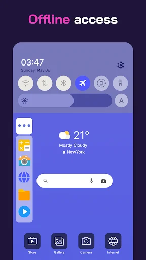 Offline access dual-window showing time and quick settings controls on top and weather information below